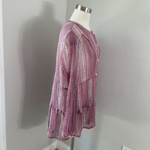 Sundance Womens Petite XL Blouse Gemini Top Berry Pink Button Down Sheer Shirt - Picture 3 of 11